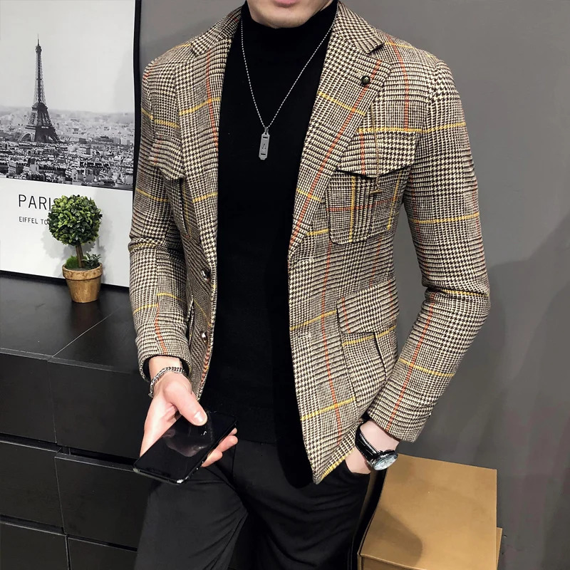 Spring Men Plaid Blazers British Printed Wedding Business Casual Blazer Suit Jacket Male Formal Blazers Plus Size S-3XL 240306