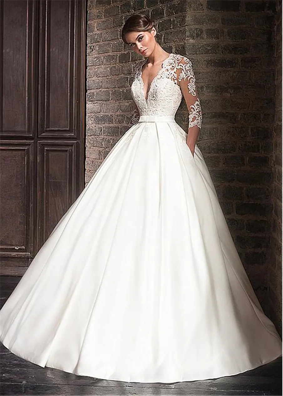 Deep V-neck Tulle & Satin A-Line Satin Wedding Dresses With Lace Appliques Illusion Back 3/4 Sleeves Bridal Gowns