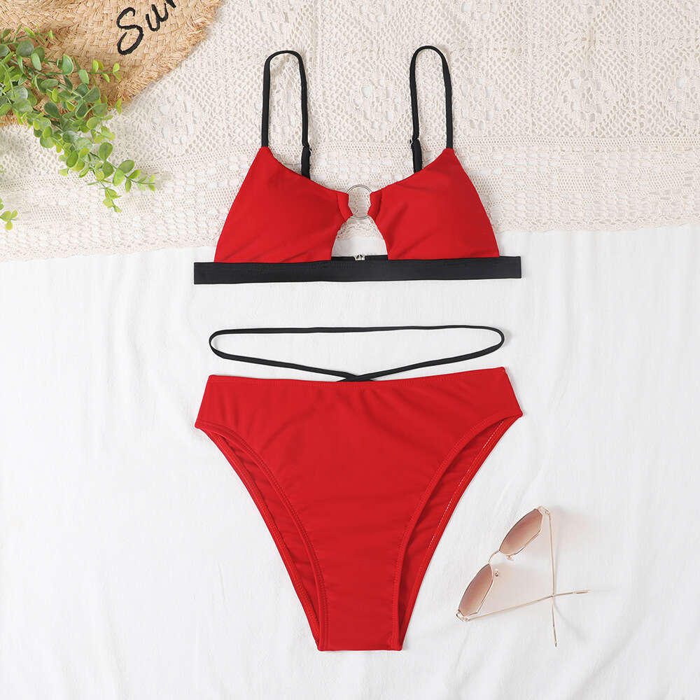 New Lace Up Women's Hollow Out Swimsuit with High Waist, Solid Color, Multi-color Sexy Split Swimsuit, Gathering Bikinis