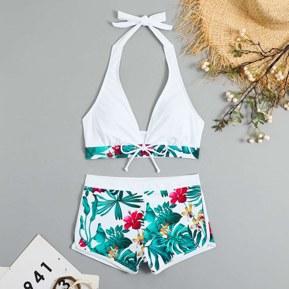 2024 Women's Split High Waist Flat Angle Lace Up Printed Solid Color Combination Sexy Swimwear