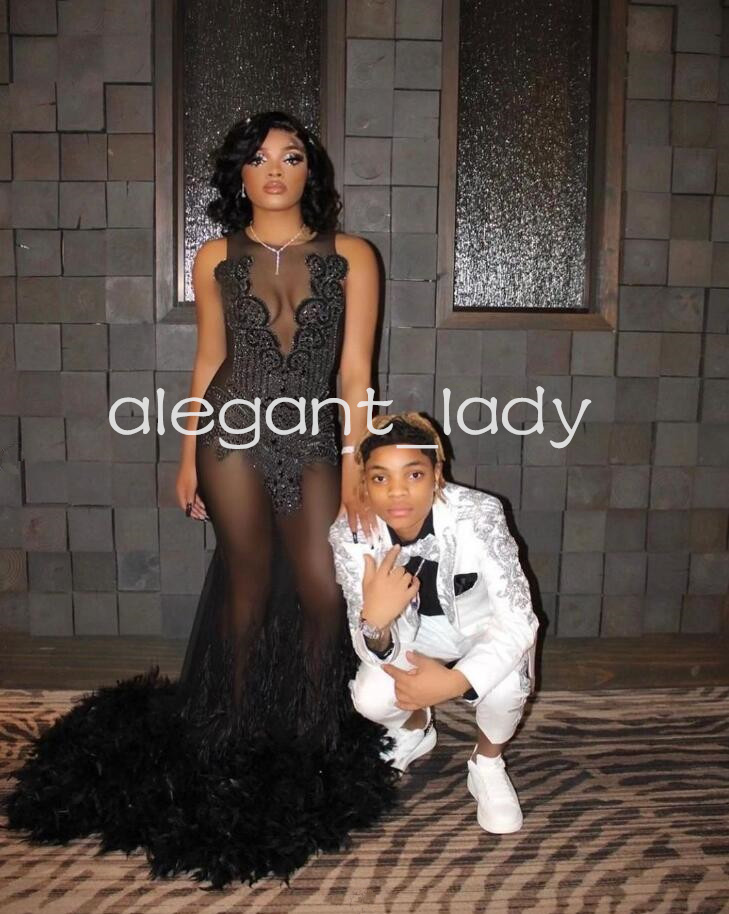 Sparkly Long Mermaid Prom Formal Dresses for Black Girl 2024 Luxury Diamond Crystal Feather Evening Birthday Gown robe de soiree