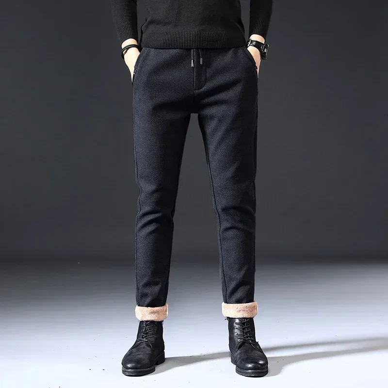 Winter Fleece Warm Casual Pants Men Brushed Fabric Business Work Fashion Slim Thick Flocking Velvet Cotton Black Trousers Male 240226
