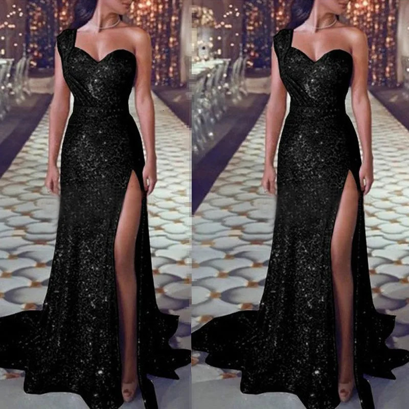 Sequined Maxi Dress, Deep V Neck One Shoulder, Elegant Evening Wedding Party Dress For Women, Sleeveless, Long,