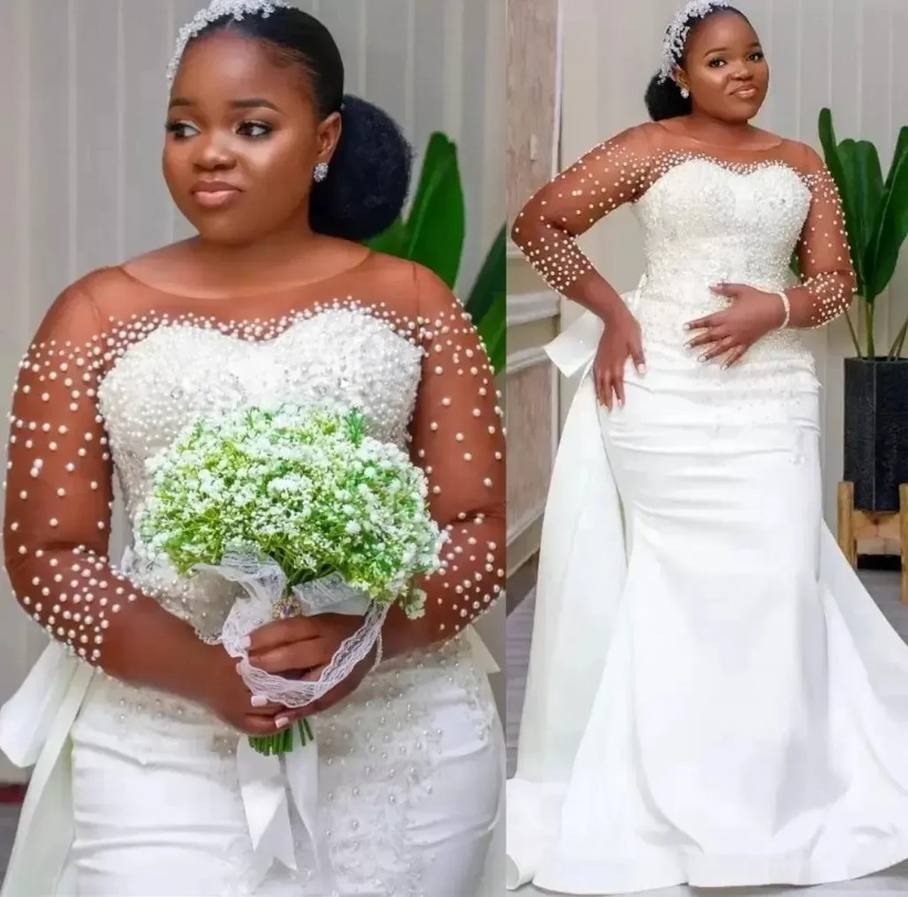 2024 Pearls Plus Size Mermaid Wedding Gowns With Detachable Train Lace Appliques Bridal Dress Long Sleeves Robe De Mariee 0219