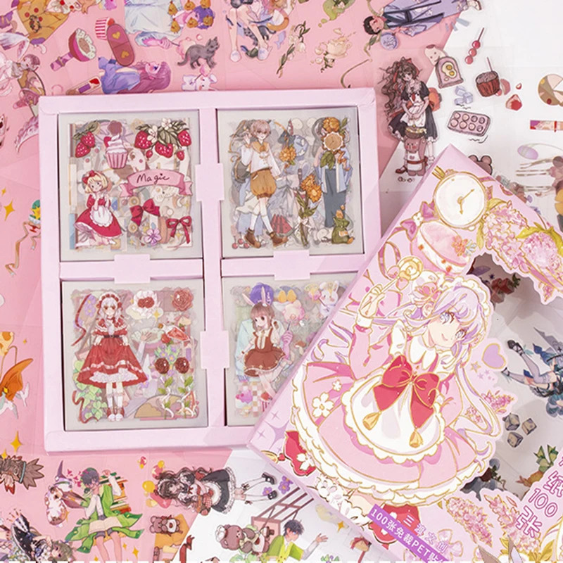 100Pcs Flower PET Stickers Kawaii Decoration Sticker Transparent Adhesive Sticker DIY Diary Journal Scrapbooking Stationery 240229