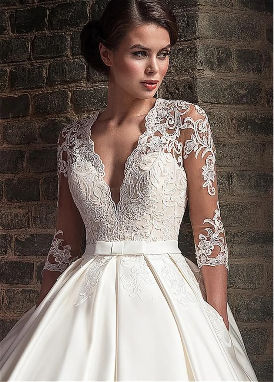 Deep V-neck Tulle & Satin A-Line Satin Wedding Dresses With Lace Appliques Illusion Back 3/4 Sleeves Bridal Gowns