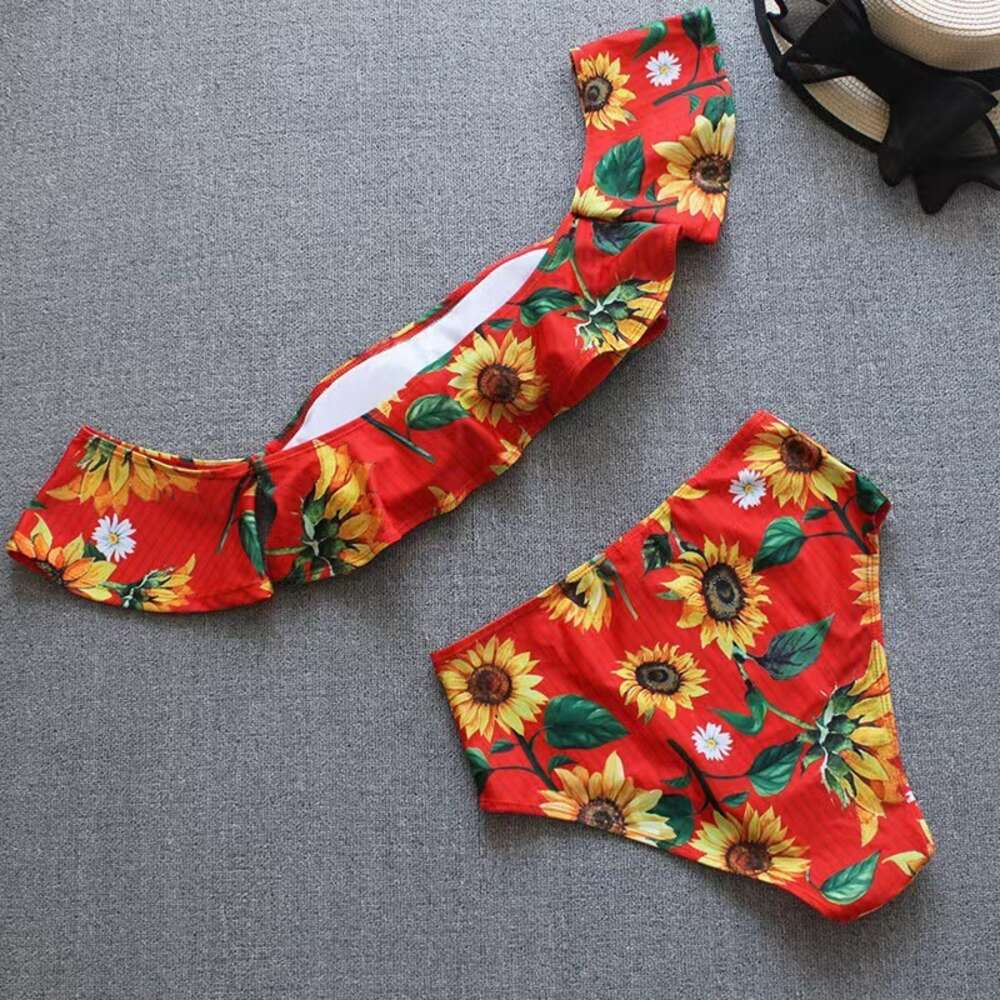 2024 New Split One Line Shoulder Lotus Leaf Edge Suower Print High Waist Sexy Bikini Swimsuit