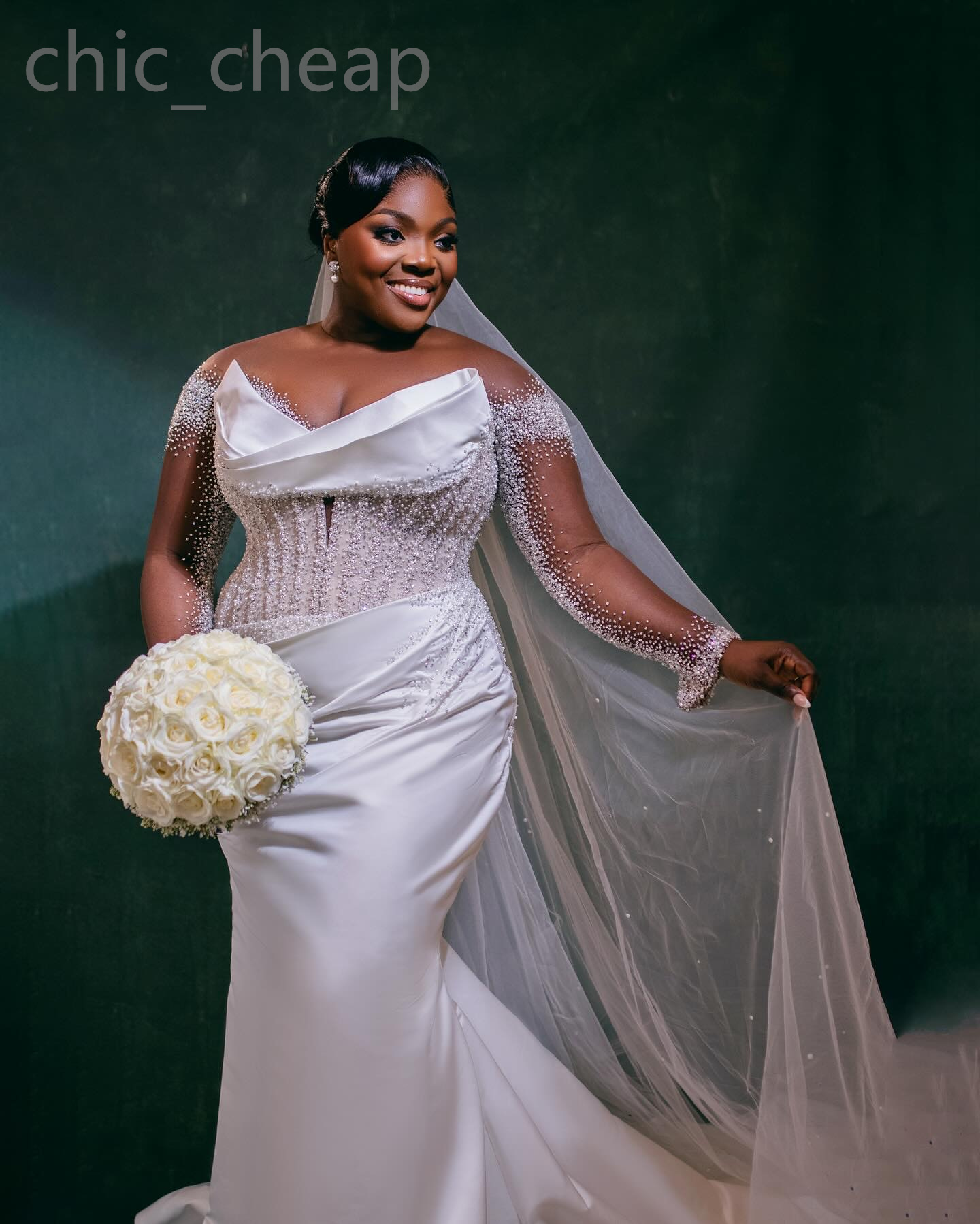 2024 Arabic Aso Ebi Plus Size White Beaded Mermaid Wedding Dress Sheer Neck Long Sleeves Bridal Gowns Dresses ZJ322