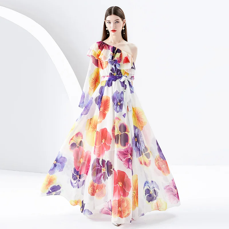 Basic Casual Dresses Summer One Shoulder Long Chiffon Dress Womens Flare Sleeve Flower Print Belt Lace Up Holiday Beach Maxi