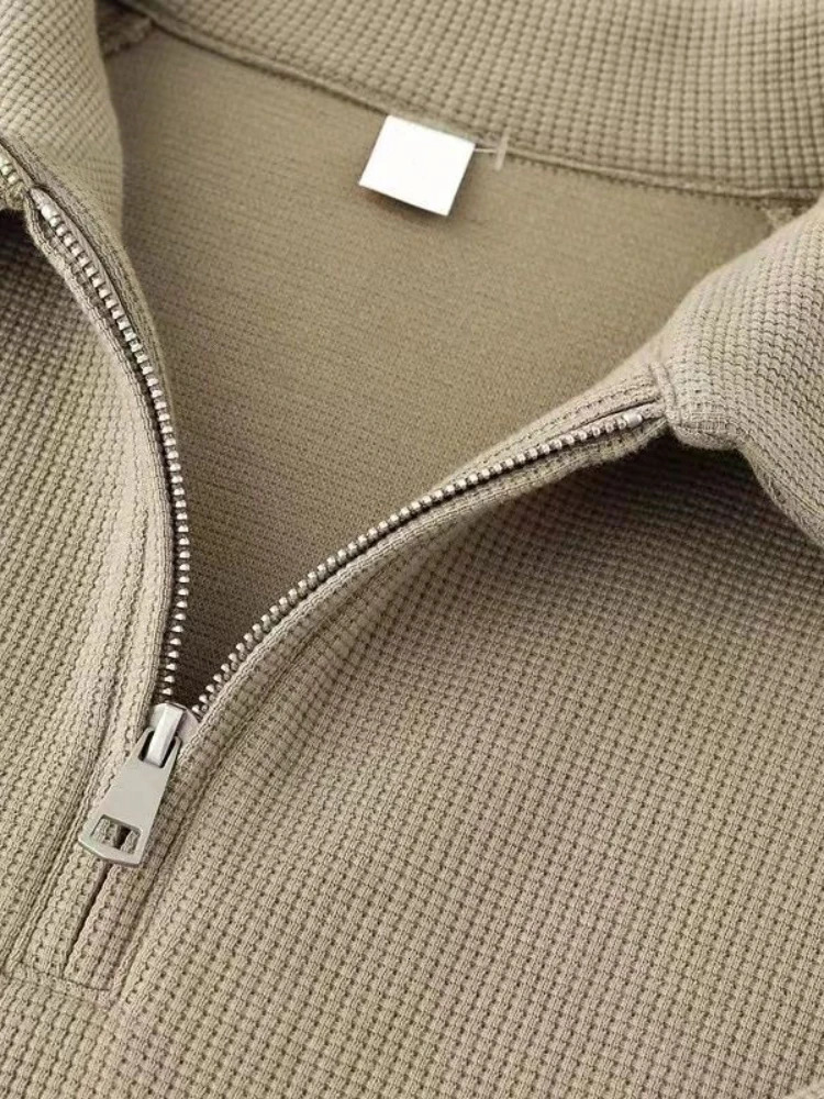 Gmiixder Simple Waffle Shirt Men Preppy Solid Long-sleeve Half-zip Lapel Shirt Women Loose BF Style Streetwear Basic Variety Top 240228