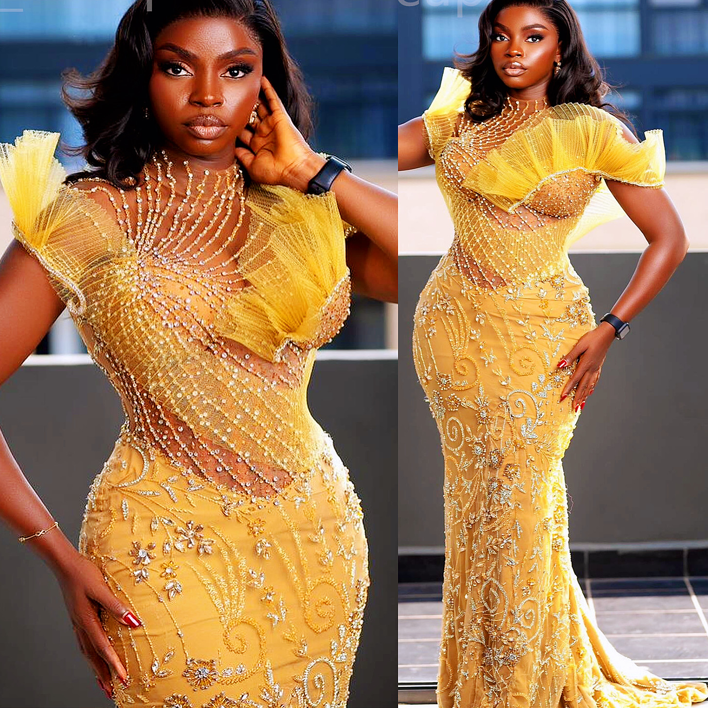 Mermaid Yellow Ebi Aso Prom Dress Beaded Crystals Illusion Evening Formal Party Second Reception Th Birthday Engagement Gowns Dresses Robe De Soiree E