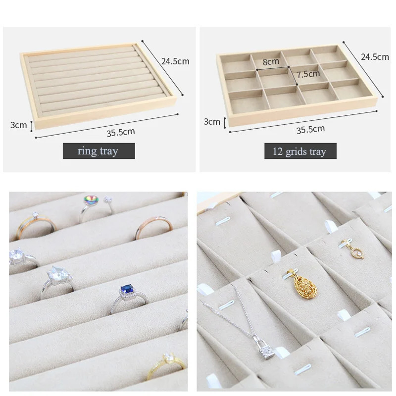 Unique-Beige Velvet Necklace Ring Earring Holder ly Wooden Jewelry Tray Series Jewelry Disply Jewellery Organizer Box 240301