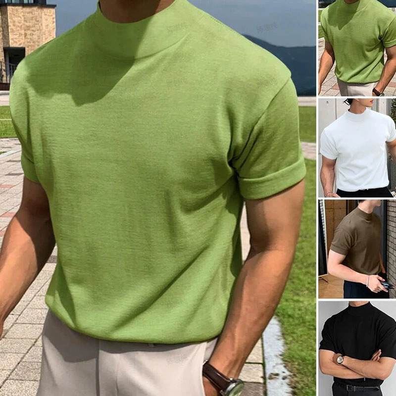 Korean Fashion Mock Neck Men T Shirt Short Sleeve Solid Basic Top Mens Streetwear Casual All-match Plain T-shirts Mens Oversize 240306