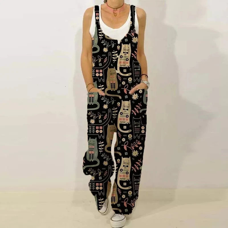 Sleeveless Jumpsuit Womens Summer Boho Floral Wide Leg Long Pants Rompers Ladies Strap Plus Size Casual Loose Beach Trousers 240308