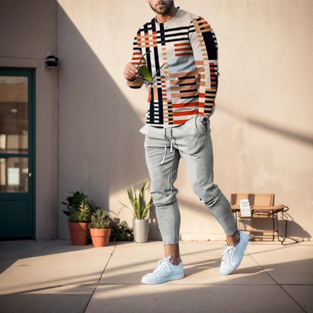 Mens Tracksuit Casual 2 Piece Sets Long Sleeve TShirt Sweatpants Set Fashion Tops Tees Outfits Oversized Men Clothing 240305