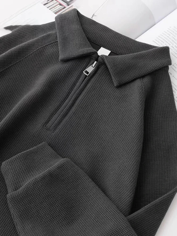 Gmiixder Simple Waffle Shirt Men Preppy Solid Long-sleeve Half-zip Lapel Shirt Women Loose BF Style Streetwear Basic Variety Top 240228