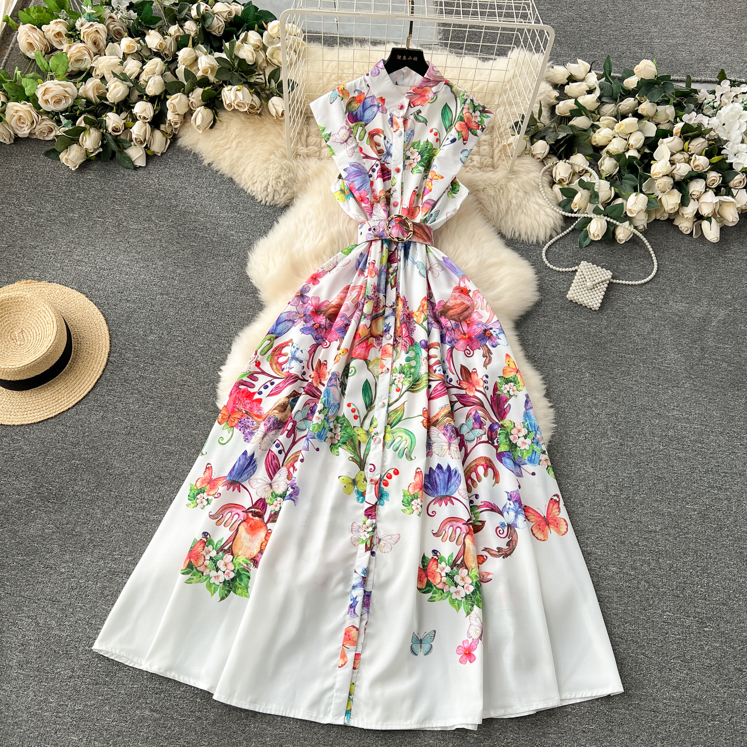 Dresses Runway Summer Holiday Gorgeous Wer Dress Women's Stand Sleeveless Single Breasted Belt Ral Print Long Vestidos
