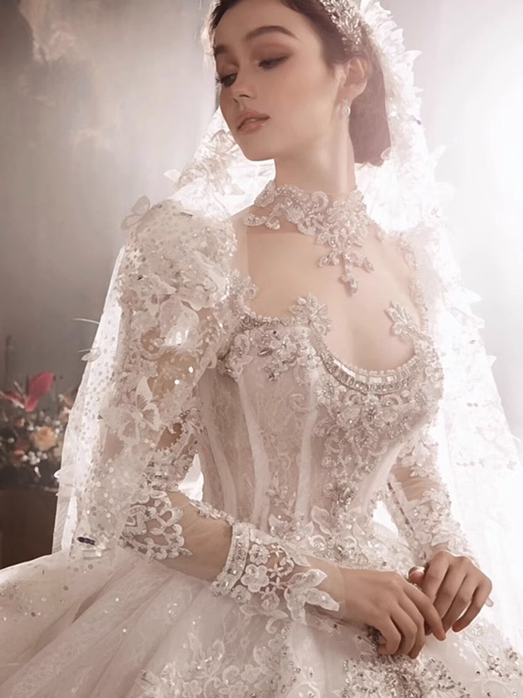 new Plus Size Dresses Beads Long Sleeves Arabic lace Appliqued Tulle Court Train Garden Wedding vestido de novia Bridal Dress Gowns