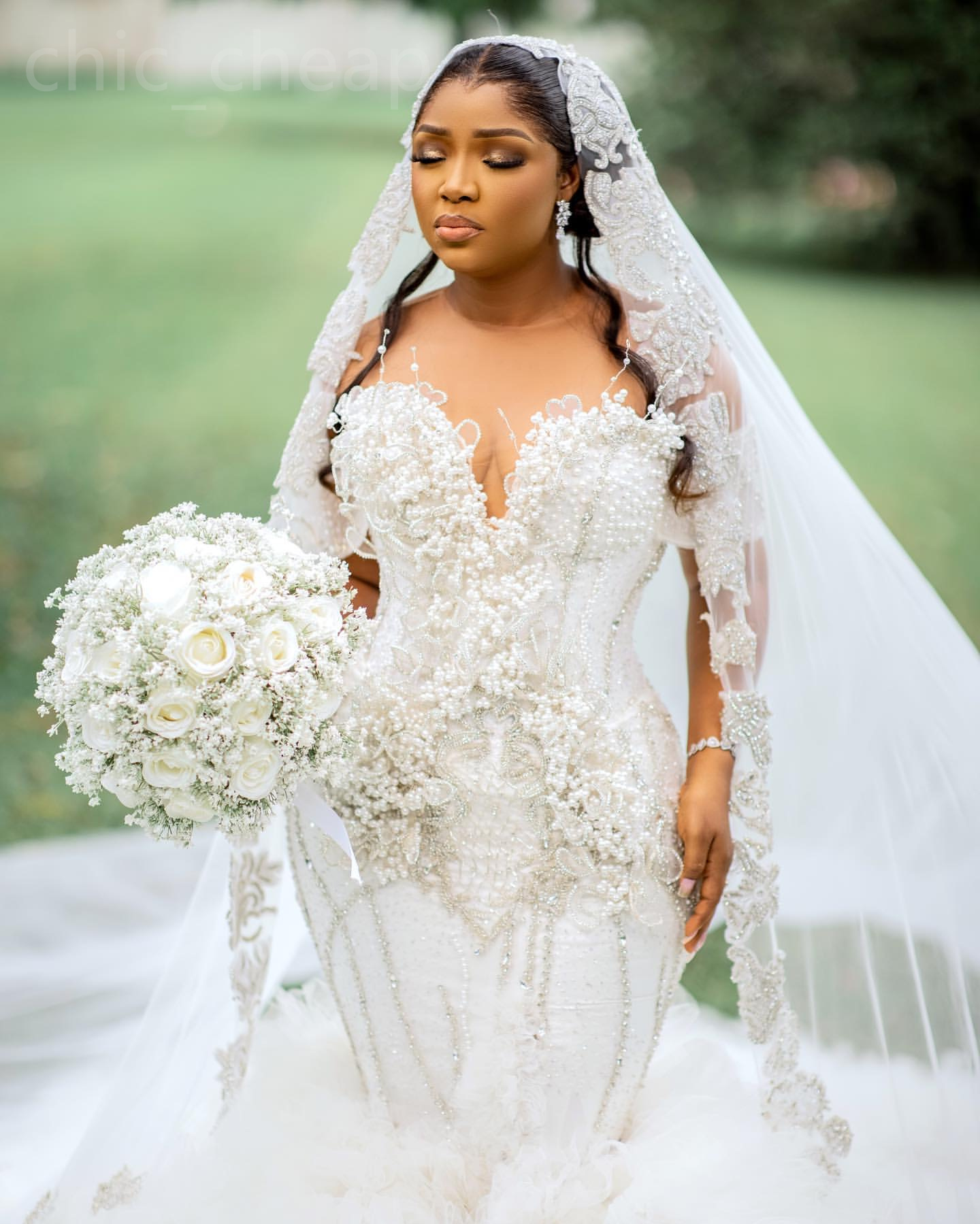 2024 Arabic Aso Ebi Plus Size Ivory Lace Mermaid Wedding Dress Pearls Flowers Tiers Bridal Gowns Dresses ZJ201