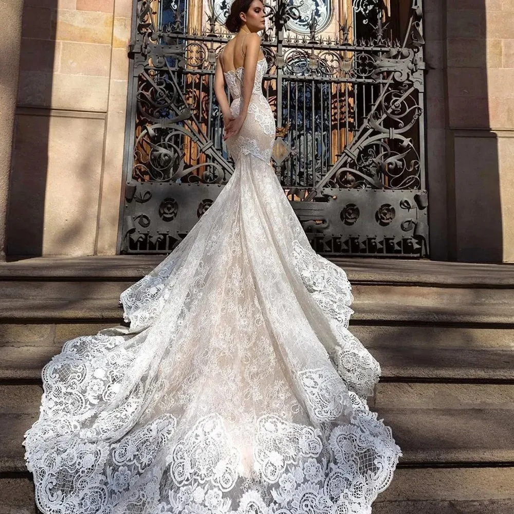 Lace Stunningbride 2024 Mermaid Wedding Dresses Spaghetti Straps Trumpet Sexy Appliqued Court Train Tulle Country Bridal Gowns YD 0219