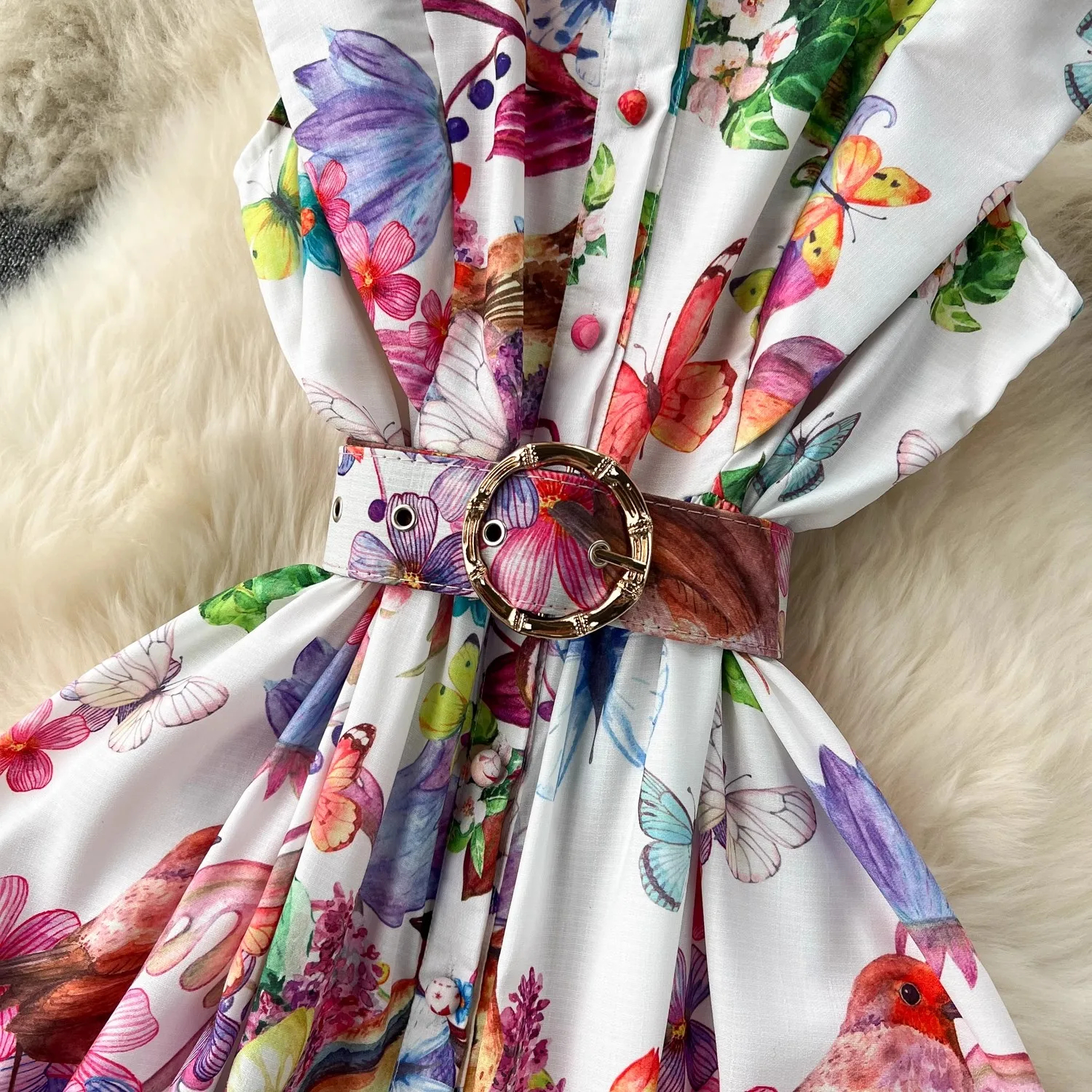 Dresses Runway Summer Holiday Gorgeous Wer Dress Women's Stand Sleeveless Single Breasted Belt Ral Print Long Vestidos