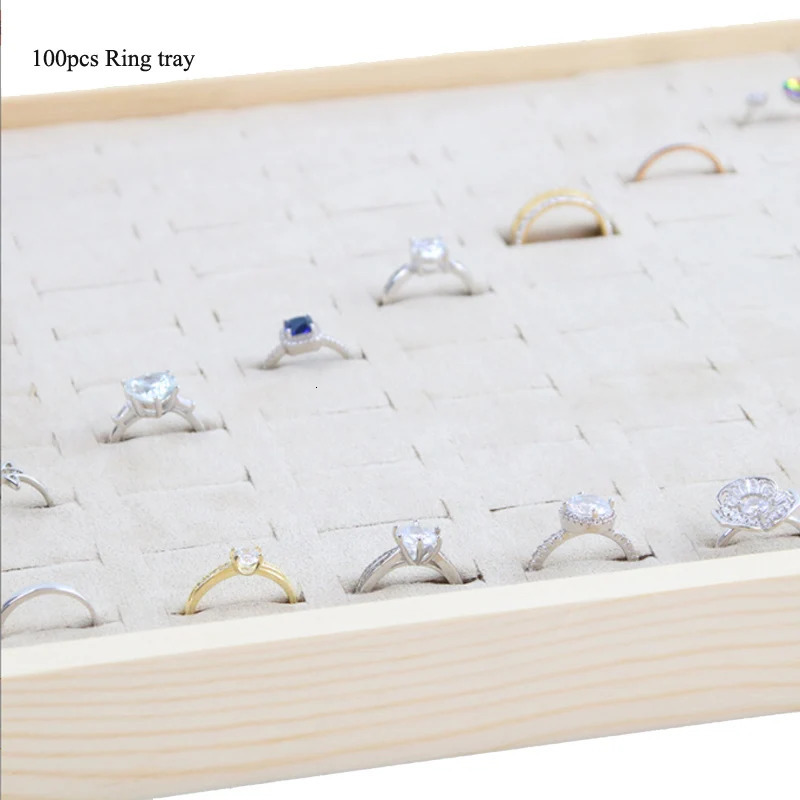 Unique-Beige Velvet Necklace Ring Earring Holder ly Wooden Jewelry Tray Series Jewelry Disply Jewellery Organizer Box 240301