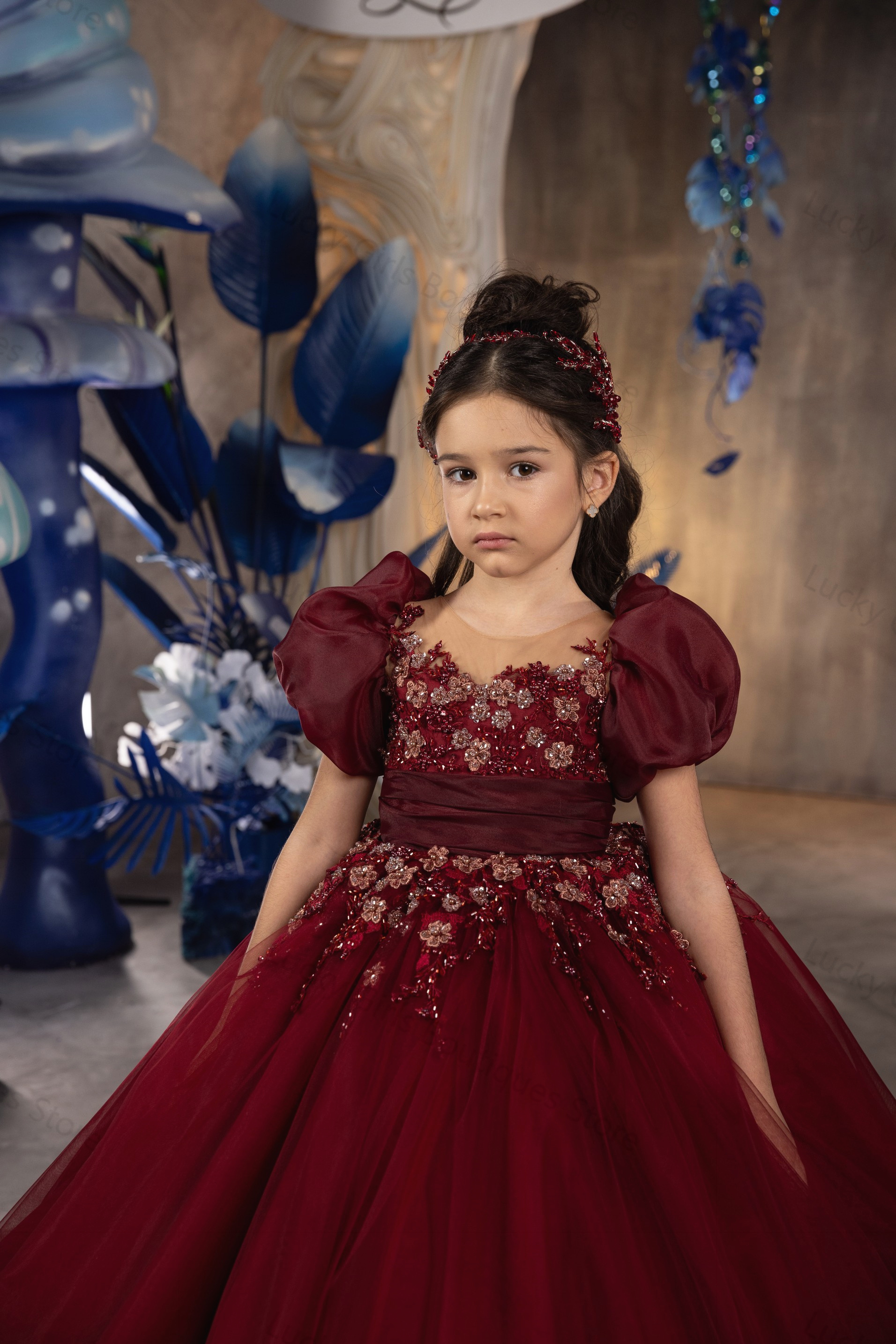 Dark Red Kids Formal Dresses 2024 O Neck Short Sleeve with Beaded Little Girls Dress for Birthday Party Gowns