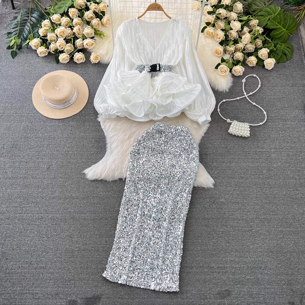 Two Piece Dress Women Sequined 2 Pieces Set Sexy V Neck Lantern Sleeve Belt Ruffles Tops Elastic Waist Bodycon Skirt Club Wear Suit