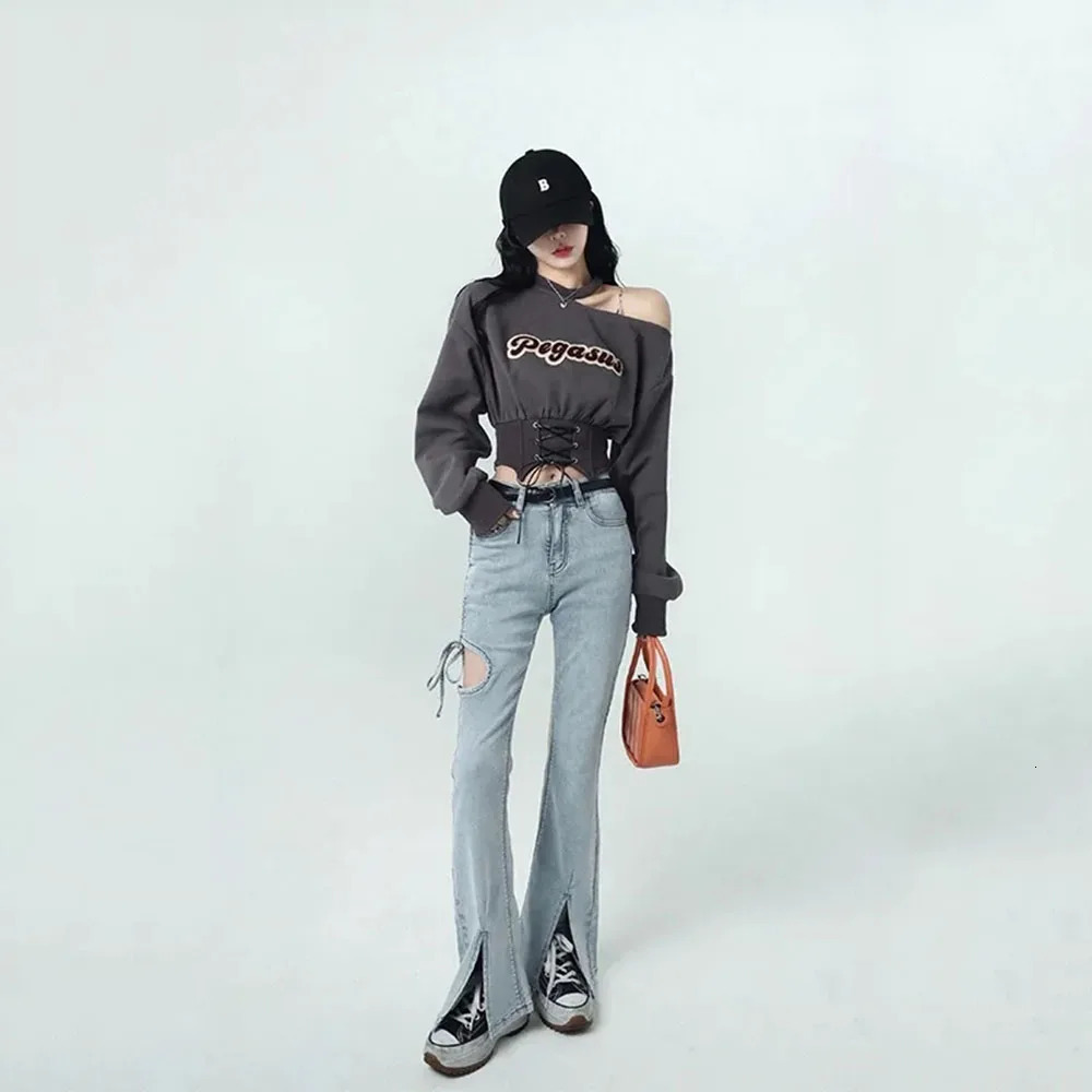 Harajuku Cropped Women Sweatshirt 2023 Autumn Crop Tops Y2k Pullover Egirl Off Shoulder Hoodies Clothes Streetwear Fashion Tees 240223