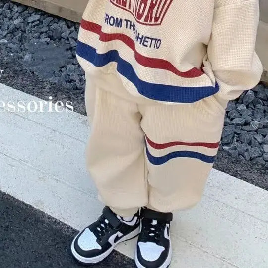 Korean Kid Set Baby Boy Suit Spring Autumn Fashion Letter Print Baby Girls 2pcs Outfits Clothes Lapel Cotton Sweater Pant 240308