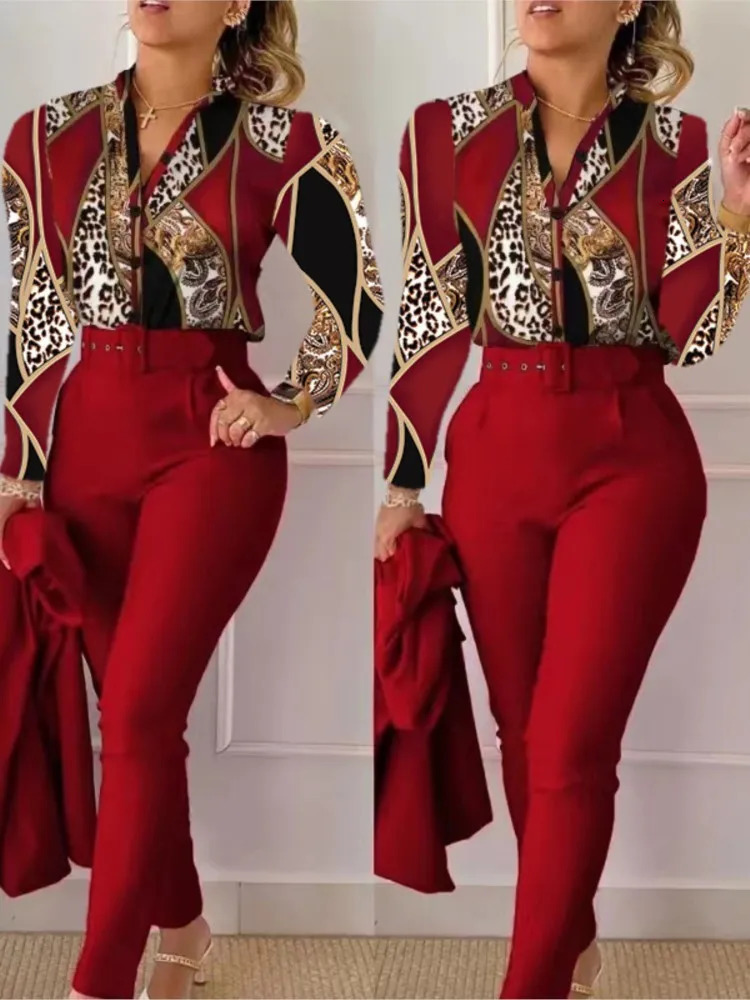 Elegant Women Printed Two Piece Suit Sets Autumn Winter V Neck Long Sleeve Shirt Top Pants Set With Belt Workwear Outfits 240227