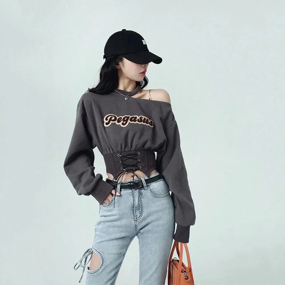 Harajuku Cropped Women Sweatshirt 2023 Autumn Crop Tops Y2k Pullover Egirl Off Shoulder Hoodies Clothes Streetwear Fashion Tees 240223