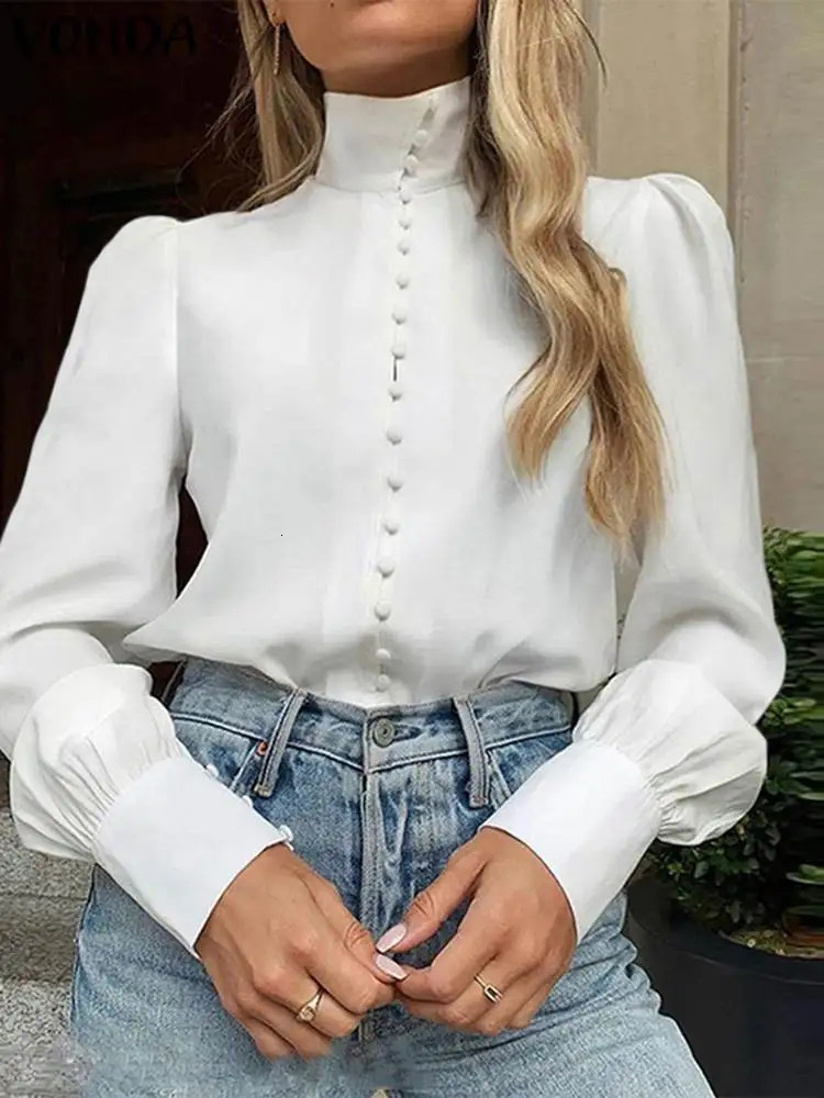 VONDA 2024 Fashion Elegant Blouse Women Long Sleeve Shirts Autumn Stand Collar Buttons Solid Color Blusas Casual Loose Tunic Top 240301