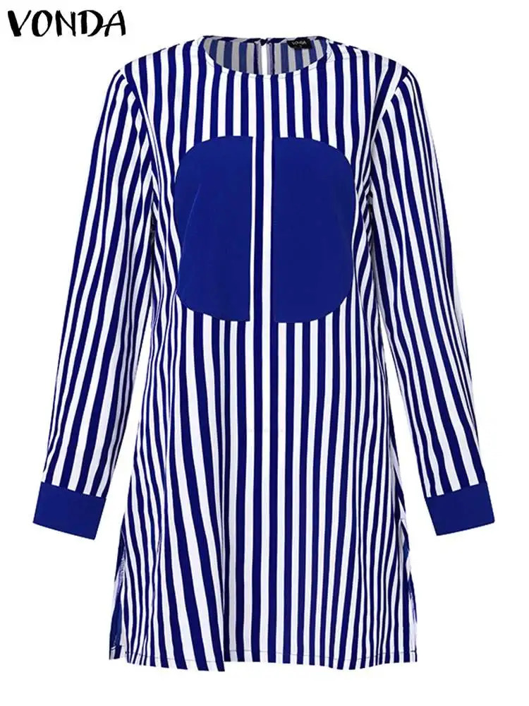 Plus Size 5XL VONDA Bohemian Women Pant Sets Autumn Striped Sets Casual Long Sleeve Printed Vintage Tops and Wide Leg Pants 240226
