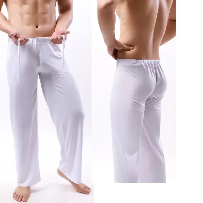 Sleep Mens Nightwear See Soft Through Pants Pj Trousers Sheer Sleepwear Silk Pajama Bottoms Male Home Ice 240307