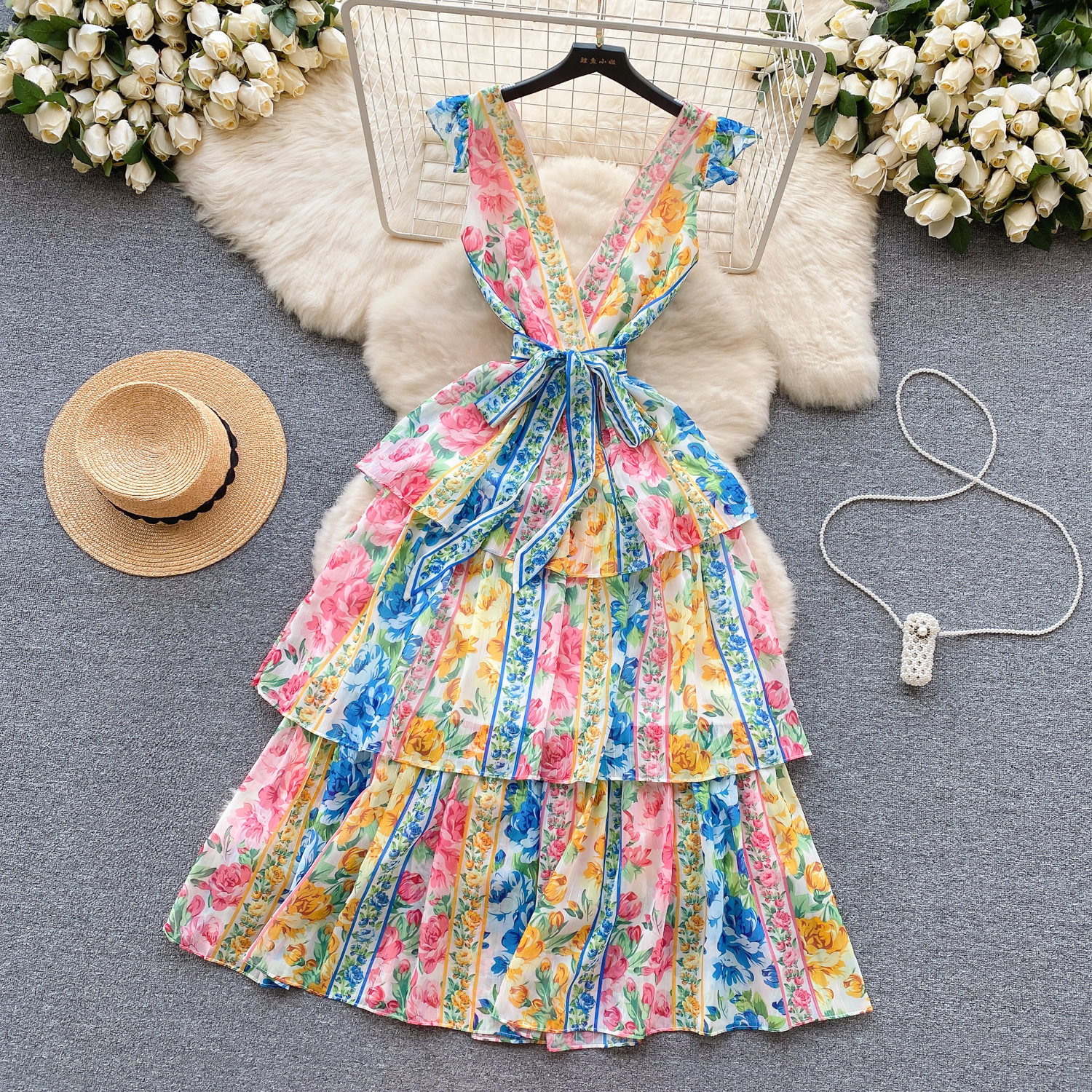Dresses 2025 Summer Holiday Wer Backless Cascading Dress Women's Sexy V-Neck Sleeveless High Waist Lace Up Long Boho Vestidos