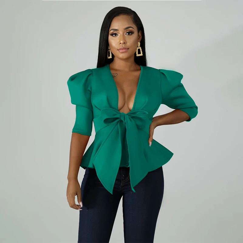 HOUZHOU Women Peplum Blouse Tops with Waist Belt Bowtie Half Sleeve Deep V Neck Sexy Party Clubwear Night Date Out Evening Bluas 240301