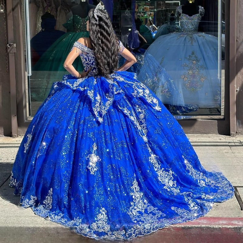 Royal Blue Shiny Princess Quinceanera Dresses Off The Shoulder Lace Applique Beading Tull Party Birthday Corset Sweet 16 Vestidos De 15 Anos