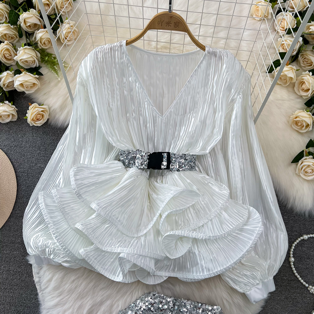 Two Piece Dress Women Sequined 2 Pieces Set Sexy V Neck Lantern Sleeve Belt Ruffles Tops Elastic Waist Bodycon Skirt Club Wear Suit