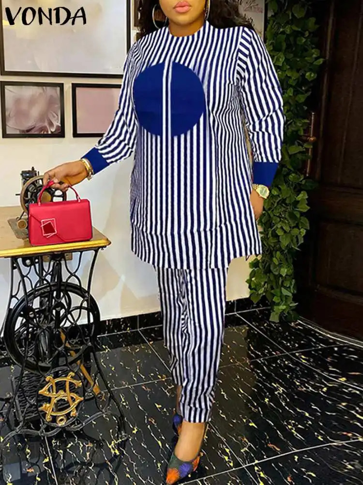 Plus Size 5XL VONDA Bohemian Women Pant Sets Autumn Striped Sets Casual Long Sleeve Printed Vintage Tops and Wide Leg Pants 240226