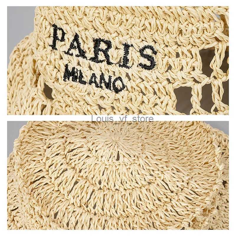 Beanie/Skull CapsWide Brim Womens Bucket Hat Summer Straw Hat Womens Sunshade Hat Design Hollow Outer Hat Fashion Stripe Girl Beach Hat H240309