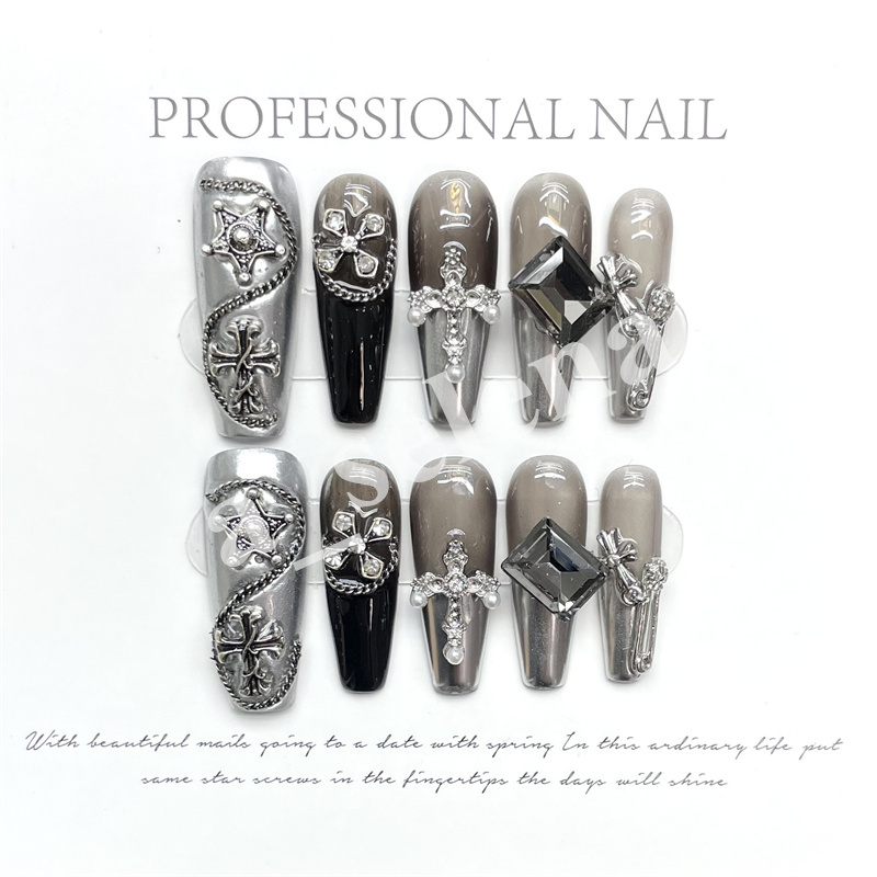 Handmade XS S M L Square False Tips Glittery Rhinestone Press On Nails Y2k Reusable XXL Long Coffin Fake Nail 10Pcs/Set