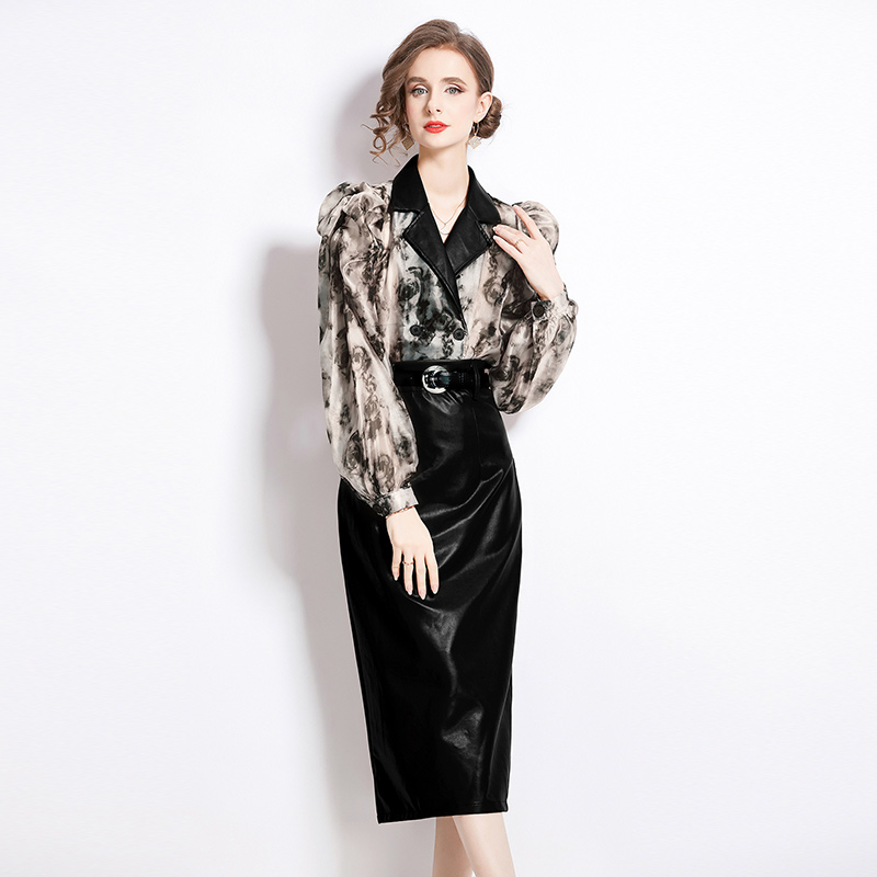 Dress Spring Summer Runway Two Piece Set Women Notched Collar Ral Print Lantern Sleeve Chiffon Tops Belt Leather Skirt Suit 2025
