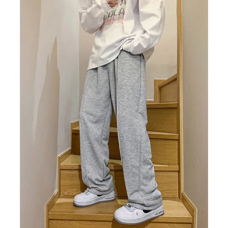 2023 Spring Mens Baggy Sweatpants Korean Fashion Streetwear Light Grey Straight Wide Leg Pants Casual Trousers Male 240301