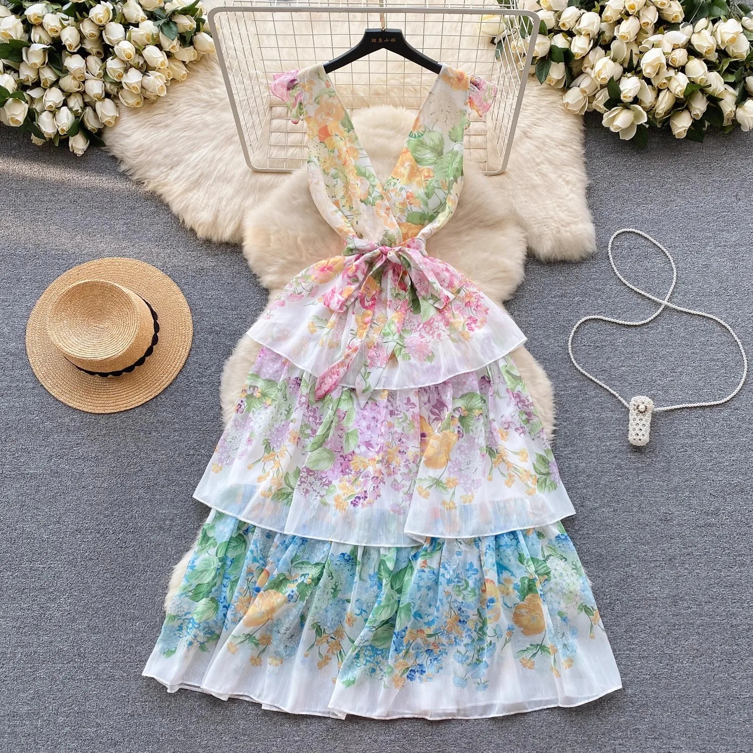 Dresses 2025 Summer Holiday Wer Backless Cascading Dress Women's Sexy V-Neck Sleeveless High Waist Lace Up Long Boho Vestidos