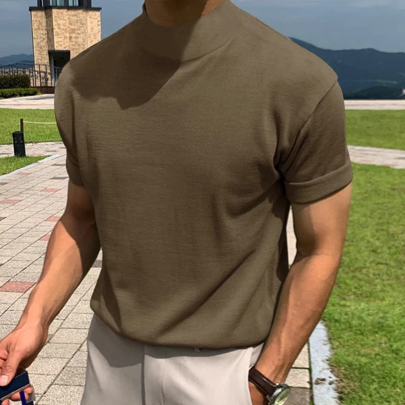 Korean Fashion Mock Neck Men T Shirt Short Sleeve Solid Basic Top Mens Streetwear Casual All-match Plain T-shirts Mens Oversize 240306