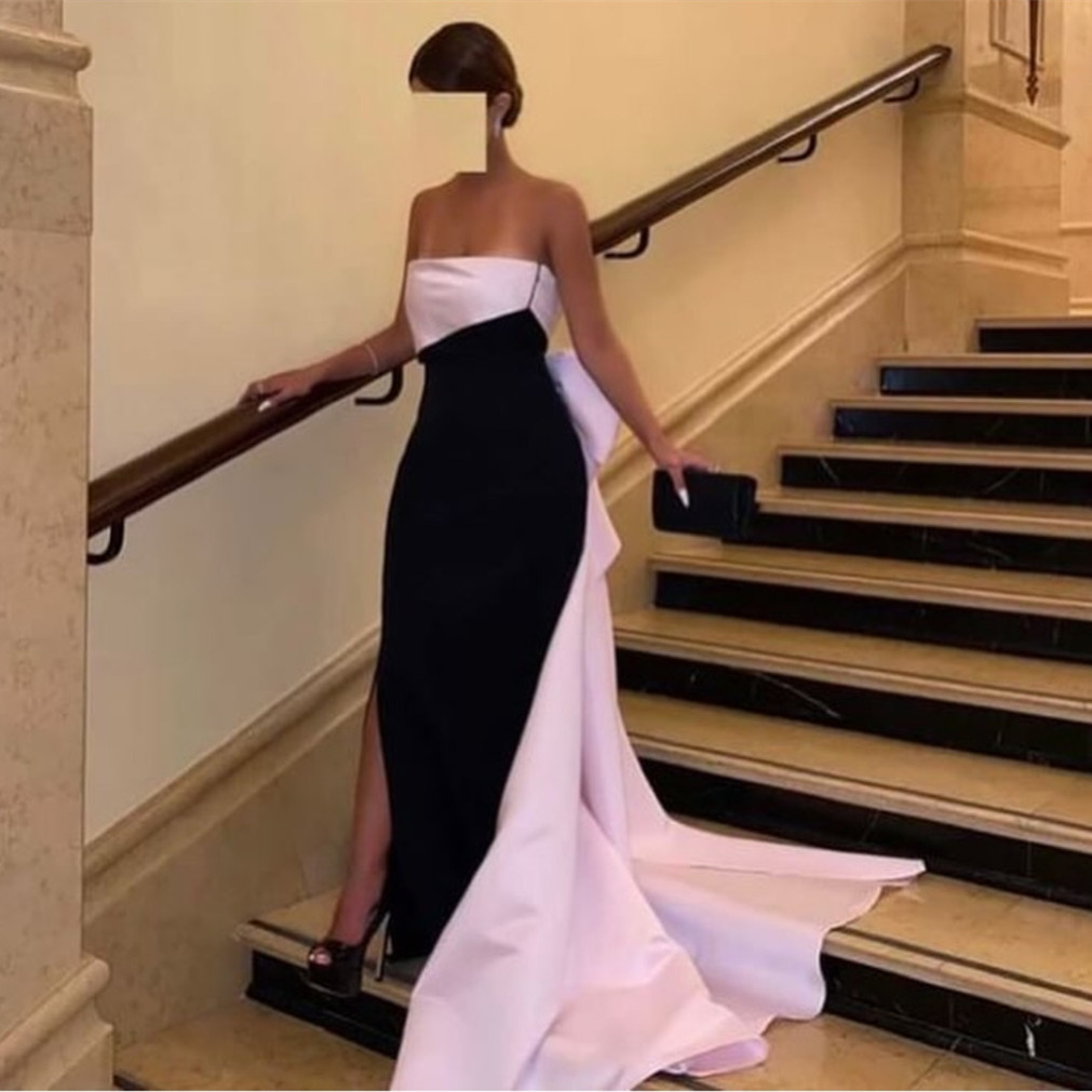 Vintage Long Black Crepe Evening Dresses With Sllit Mermaid Strapless Pleats Floor Length Formal Prom Party Gown Robe de soiree for Women