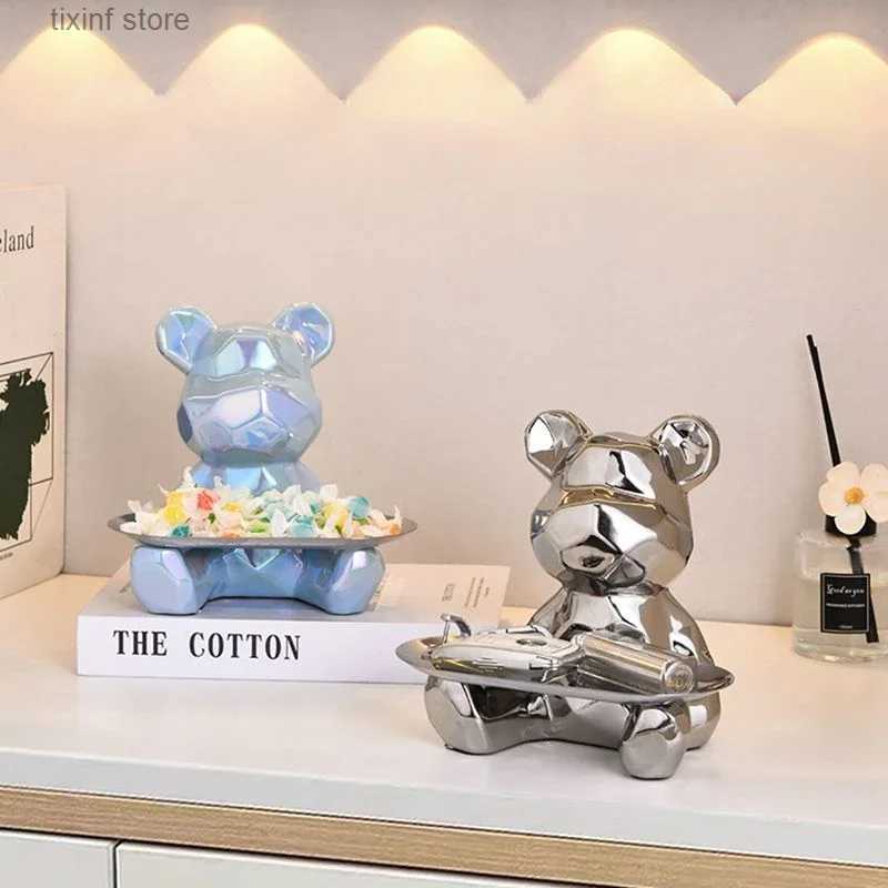 Decorative Objects Figurines Geometric bear statue with tray storage ceramic plating piggy bank key cosmetic storage box bookshelf statue decoration. 