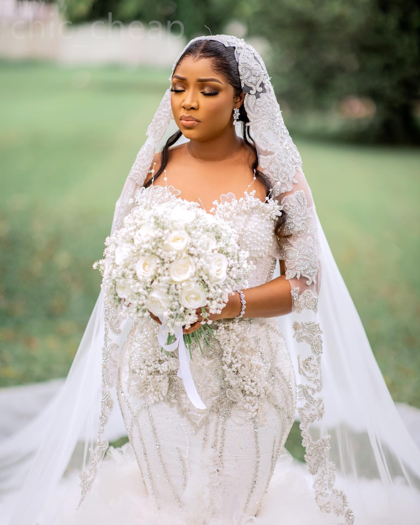 2024 Arabic Aso Ebi Plus Size Ivory Lace Mermaid Wedding Dress Pearls Flowers Tiers Bridal Gowns Dresses ZJ201