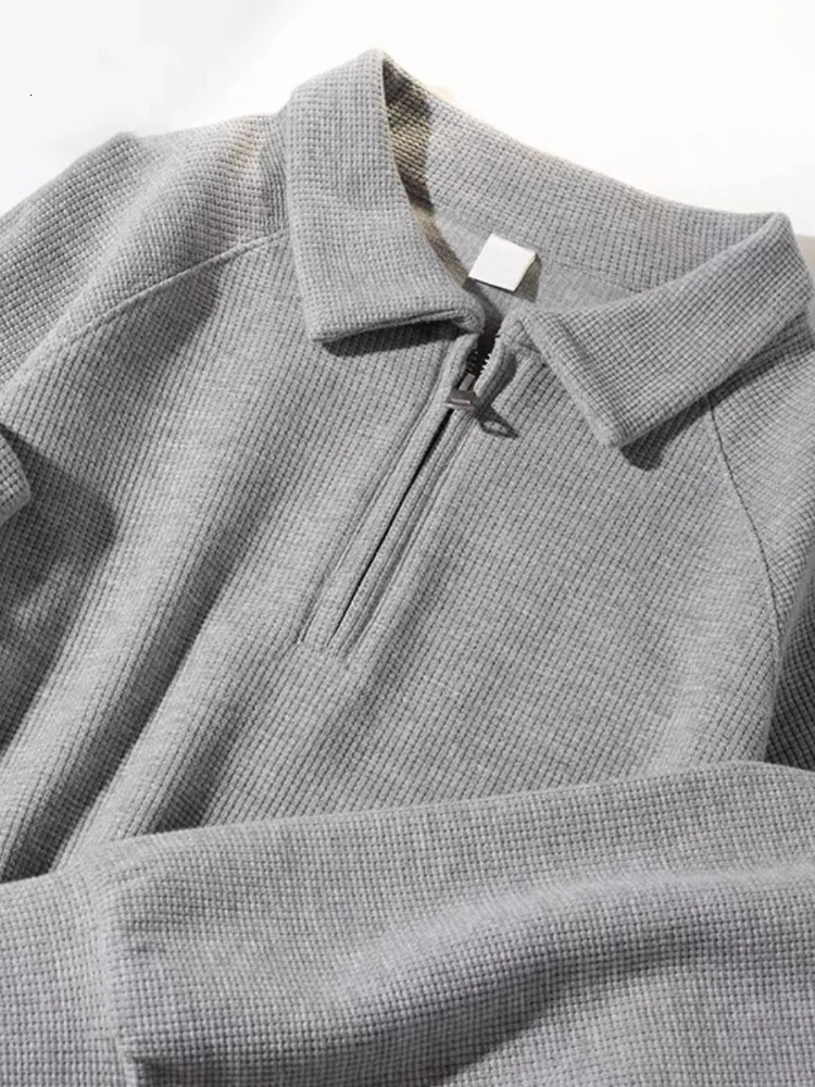 Gmiixder Simple Waffle Shirt Men Preppy Solid Long-sleeve Half-zip Lapel Shirt Women Loose BF Style Streetwear Basic Variety Top 240228